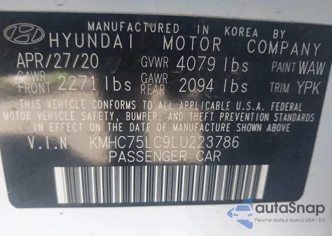 2020 Hyundai Ioniq Hybrid Se z USA, uszkodzony, nr VIN KMHC75LC9LU223786